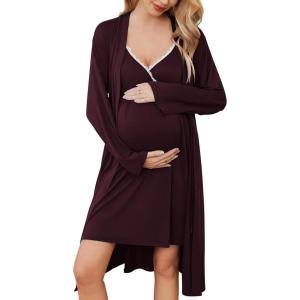 Ekouaer Nursing gown and Robe Set Delivery Nightgown Maternity Pajamas Hospital Pregnancy Clothes Dark Burgundy Large