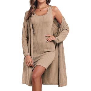 Ekouaer Robe Sets for Women Sleepwear Rib Knit Bodycon Nightgown with Robes Set 2 Piece Soft Lightweight Loungewear(Khaki)