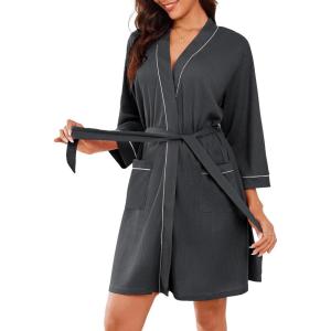 Ekouaer Robes for Women Waffle Knee Length Bathrobe Lightweight Soft Sleepwear V neck 3/4 Casual Ladies Loungewear S-XXL(Grey)