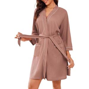 Ekouaer Robes for Women Waffle Knee Length Bathrobe Lightweight Soft Sleepwear V neck 3/4 Casual Ladies Loungewear S-XXL(Piink)