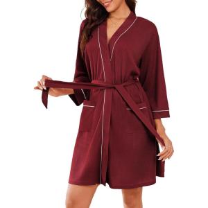 Ekouaer Robes for Women Waffle Knee Length Bathrobe Lightweight Soft Sleepwear V neck 3/4 Casual Ladies Loungewear S-XXL(Wine Red)
