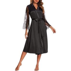 Ekouaer Women’s Floral Lace Kimono Robe Long Sleeves Dressing Gown Bathrobe Bride Robe Nightwear(Black)