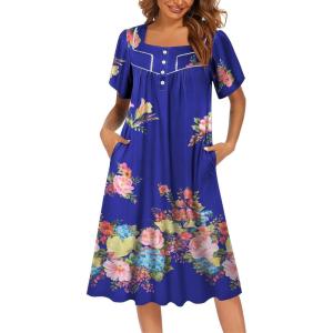 Ekouaer Women’s House Dress with Pockets Moomoo Dresses Short Sleeve Mumu Nightgown Lounge Dress Button Down Sleepwear(Bloom)