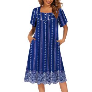 Ekouaer Women’s House Dress with Pockets Moomoo Dresses Short Sleeve Mumu Nightgown Lounge Dress Button Down Sleepwear(Blue Boho)