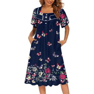 Ekouaer Women’s House Dress with Pockets Moomoo Dresses Short Sleeve Mumu Nightgown Lounge Dress Button Down Sleepwear(Colorful Butterfly)