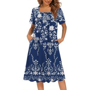 Ekouaer Women’s House Dress with Pockets Moomoo Dresses Short Sleeve Mumu Nightgown Lounge Dress Button Down Sleepwear(Floral Blue)