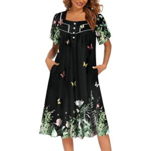 Ekouaer Women’s House Dress with Pockets Moomoo Dresses Short Sleeve Mumu Nightgown Lounge Dress Button Down Sleepwear(Floral Butterfly)