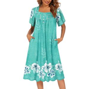 Ekouaer Women’s House Dress with Pockets Moomoo Dresses Short Sleeve Mumu Nightgown Lounge Dress Button Down Sleepwear(Green With Flower)