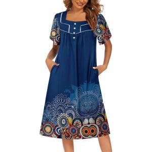 Ekouaer Women’s House Dress with Pockets Moomoo Dresses Short Sleeve Mumu Nightgown Lounge Dress Button Down Sleepwear(Mandola)