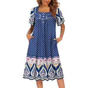 Ekouaer Women’s House Dress with Pockets Moomoo Dresses Short Sleeve Mumu Nightgown Lounge Dress Button Down Sleepwear(Navy Blue Boho)