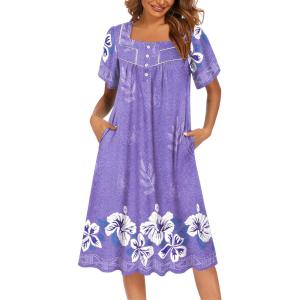 Ekouaer Women’s House Dress with Pockets Moomoo Dresses Short Sleeve Mumu Nightgown Lounge Dress Button Down Sleepwear(Purple With Flower)