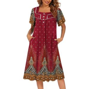 Ekouaer Women’s House Dress with Pockets Moomoo Dresses Short Sleeve Mumu Nightgown Lounge Dress Button Down Sleepwear(Red Feather)