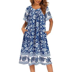 Ekouaer Womens Nightgown Short Sleeve House Dress with Pockets-Floral Print Mumu Dress(Blue Bohemian Flowers)