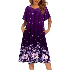Ekouaer Womens Nightgown Short Sleeve House Dress with Pockets-Floral Print Mumu Dress(Purple Black Floral)