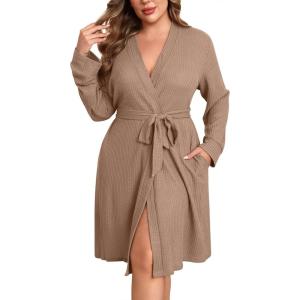 Ekouaer Women’s Plus Size Robe Waffle Knit Bathrobe Short Lightweight Kimono Robes with Pockets Ladies Loungewear 1x-5x