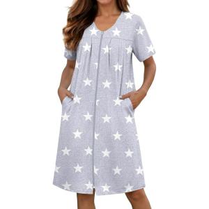 Ekouaer Zipper Robes for Women Short Knit Bathrobes Lightweight Knee Length Housecoat with Pockets Nightgown S-3XL(Grey Star)
