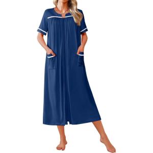 Ekouaer Zipper Robes for Women Short Sleeve Bathrobe Soft Lightweight Housecoat Full Length Nightgown with Pockets S-3XL(Dark Blue)