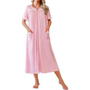 Ekouaer Zipper Robes for Women Short Sleeve Bathrobe Soft Lightweight Housecoat Full Length Nightgown with Pockets S-3XL(Pink)