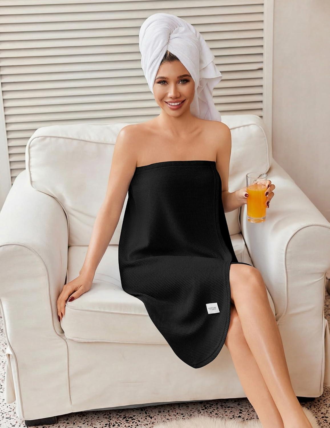imageEkouaer Waffle Robes For Women Bath Wrap Lightweight Shower Wrap 2026 Knee Length Spa Robe with Adjustable Closure SXLBlack