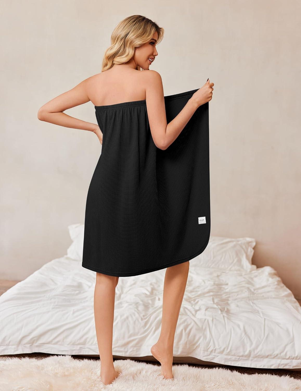 imageEkouaer Waffle Robes For Women Bath Wrap Lightweight Shower Wrap 2026 Knee Length Spa Robe with Adjustable Closure SXLBlack