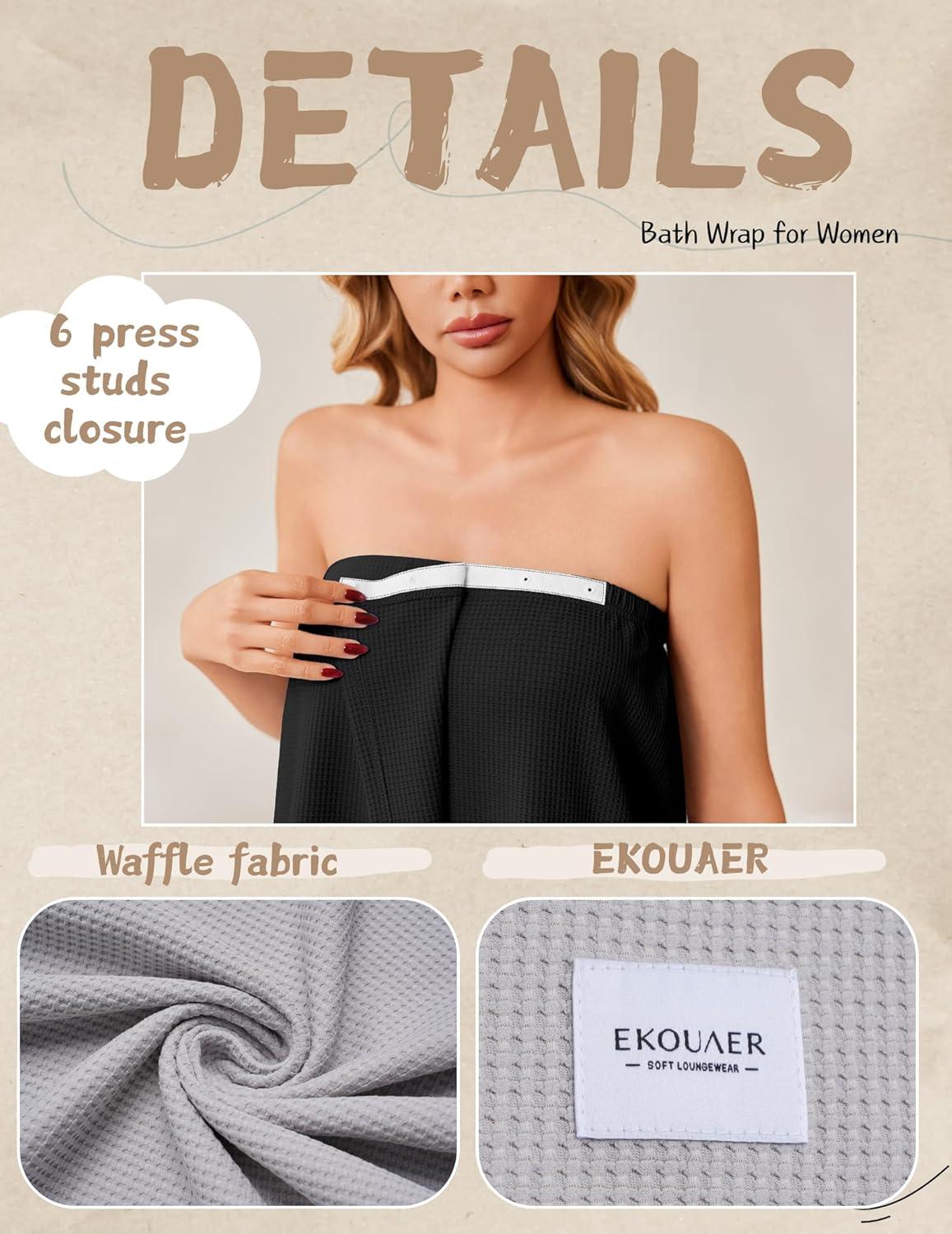 imageEkouaer Waffle Robes For Women Bath Wrap Lightweight Shower Wrap 2026 Knee Length Spa Robe with Adjustable Closure SXLBlack