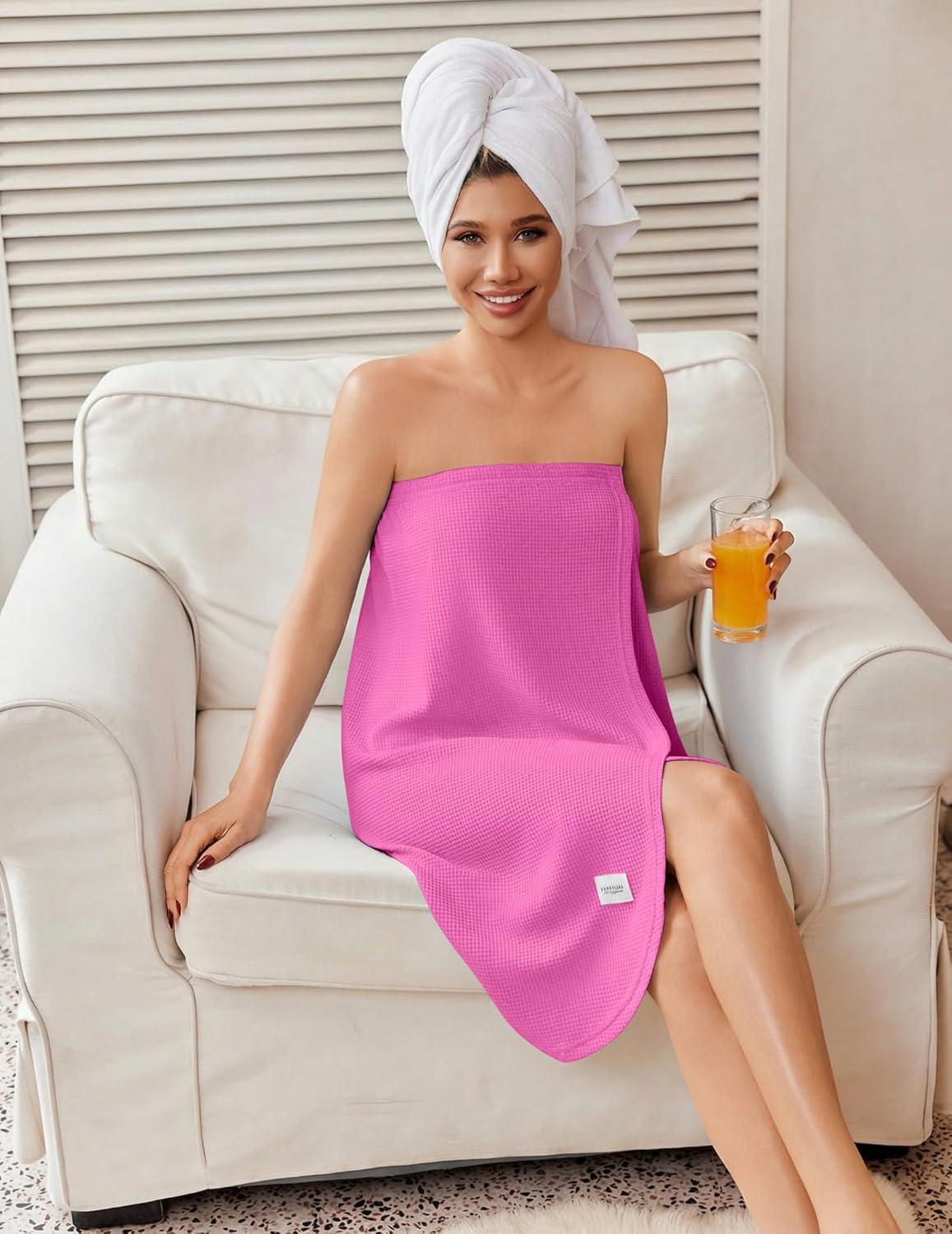 imageEkouaer Waffle Robes For Women Bath Wrap Lightweight Shower Wrap 2026 Knee Length Spa Robe with Adjustable Closure SXLHot Pink