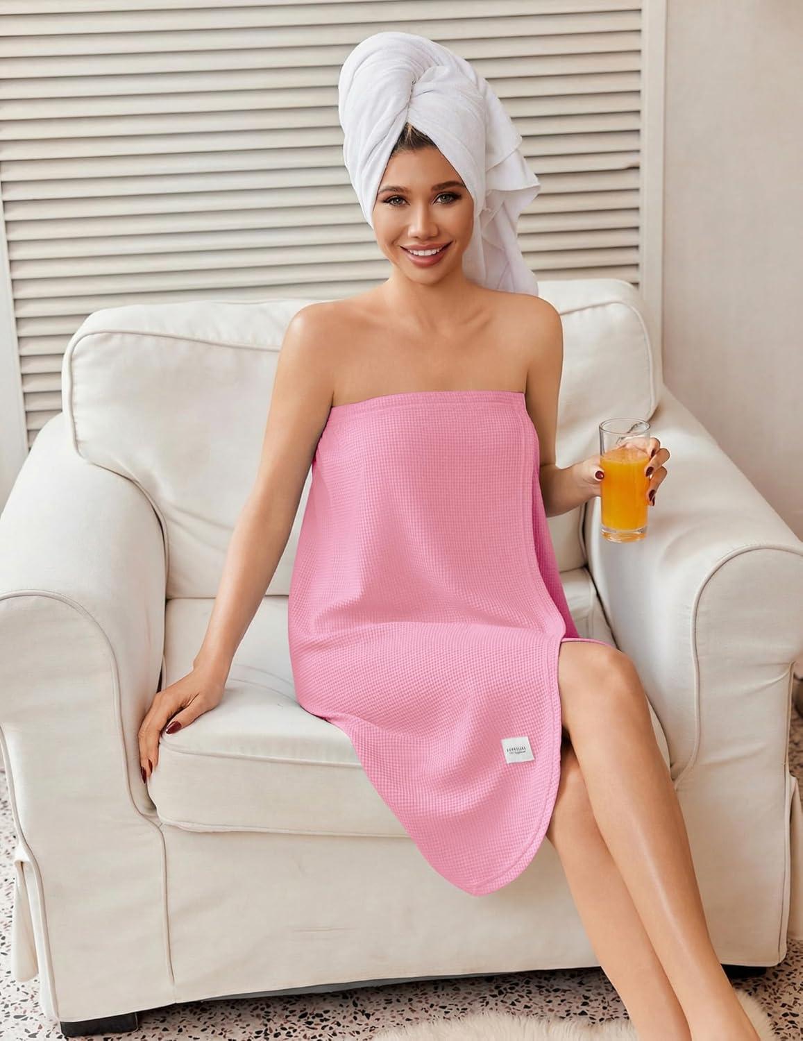 imageEkouaer Waffle Robes For Women Bath Wrap Lightweight Shower Wrap 2026 Knee Length Spa Robe with Adjustable Closure SXLPink