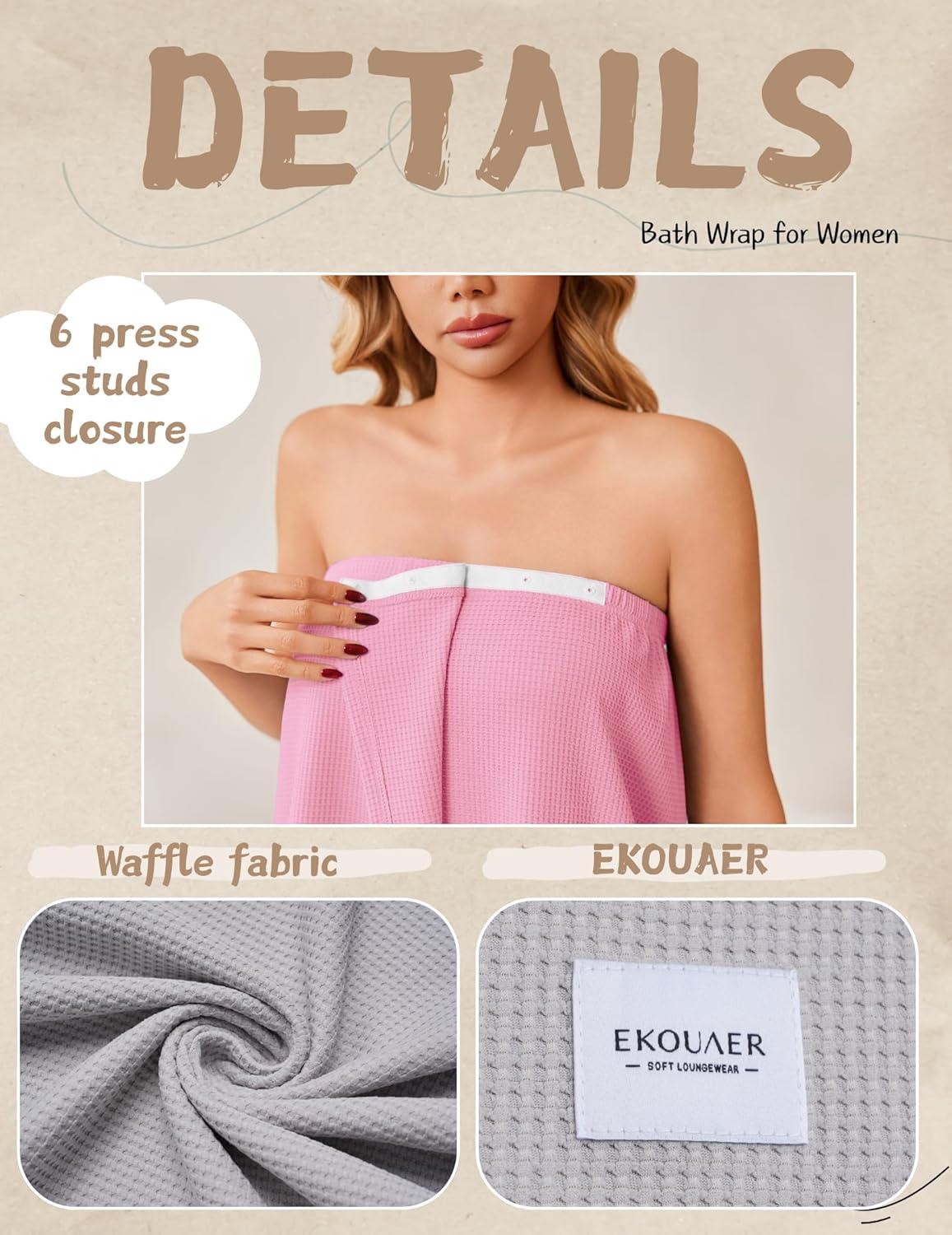 imageEkouaer Waffle Robes For Women Bath Wrap Lightweight Shower Wrap 2026 Knee Length Spa Robe with Adjustable Closure SXLPink