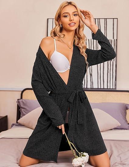 imageEkouaer Women Robe Ribbed Knit Soft Bathrobe Knee Length Robes Stretchy Short Sleepwear with PocketsDark Grey