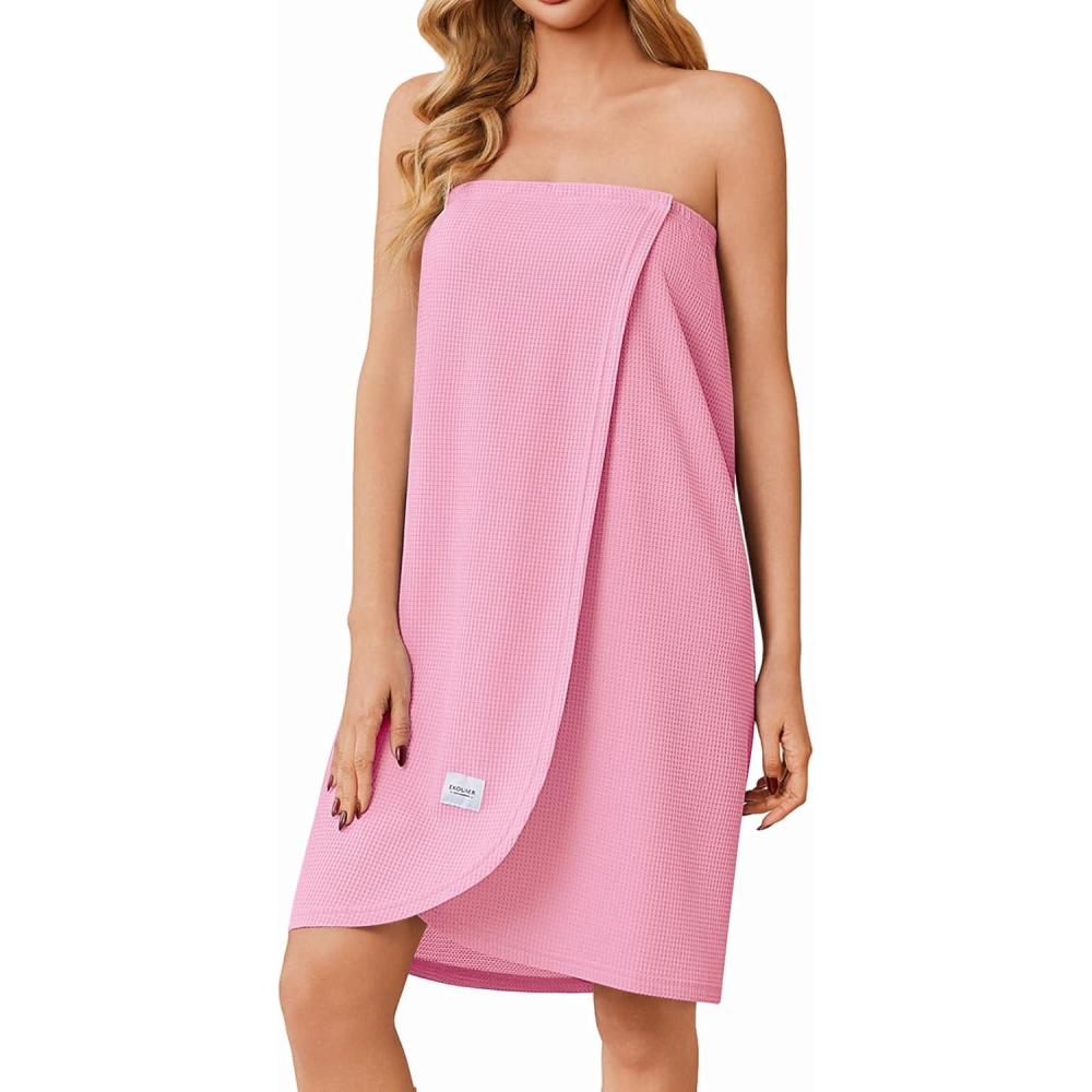 imageEkouaer Waffle Robes For Women Bath Wrap Lightweight Shower Wrap 2026 Knee Length Spa Robe with Adjustable Closure SXLPink