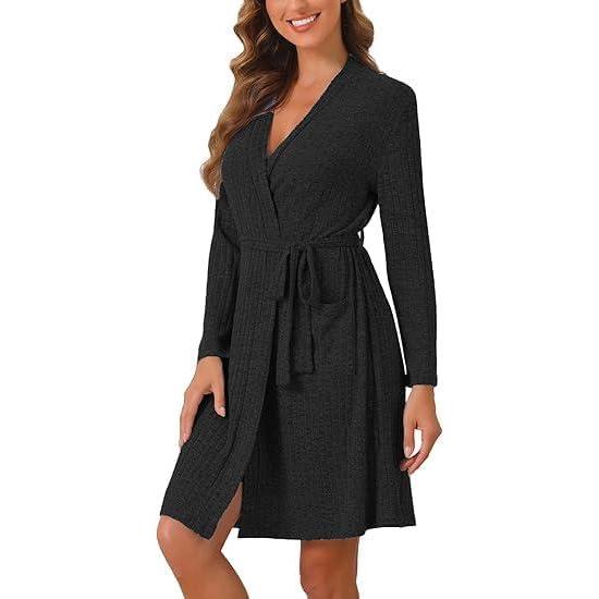 imageEkouaer Women Robe Ribbed Knit Soft Bathrobe Knee Length Robes Stretchy Short Sleepwear with PocketsDark Grey