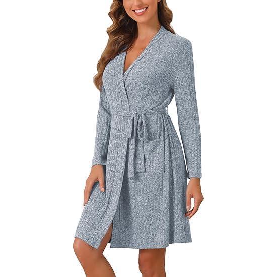 imageEkouaer Women Robe Ribbed Knit Soft Bathrobe Knee Length Robes Stretchy Short Sleepwear with PocketsLight Blue