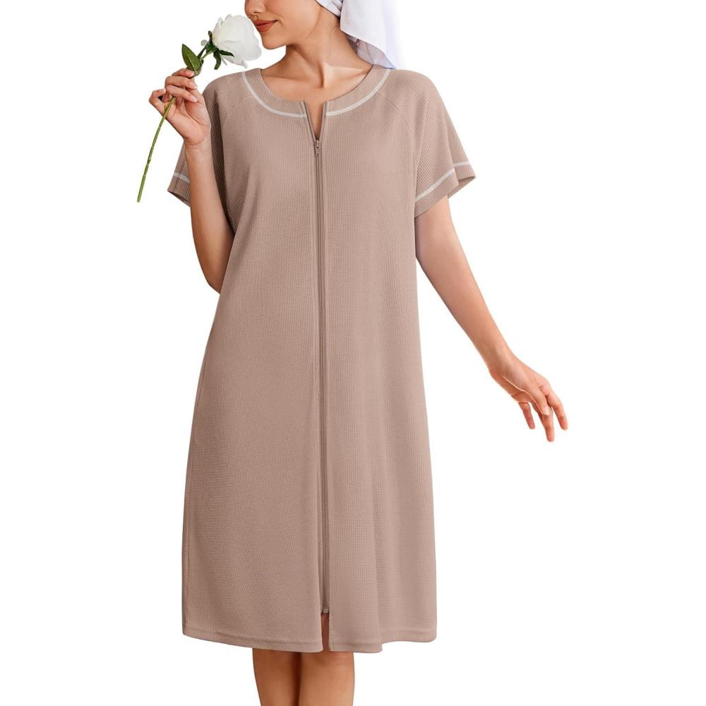 imageEkouaer Women Zipper Robe Short Waffle Knit Bathrobe Lightweight Housecoat Soft Knee Length Loungewear with Pockets Khaki S