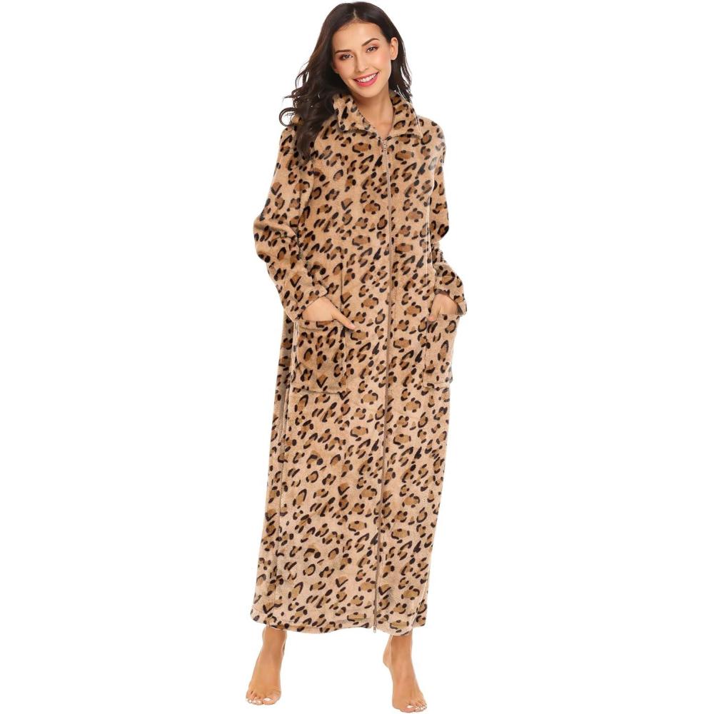imageEkouaer Womens Flannel Robe Zipper Front Robes Full Length BathrobeSXXLLeopard