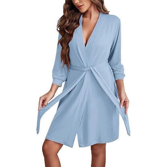 imageEkouaer Womens Robe Lightweight 34 Sleeve Knit Bathrobe Soft Knee Length Sleepwear Robes with PocketsLight Blue