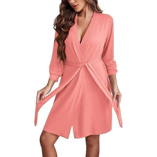 imageEkouaer Womens Robe Lightweight 34 Sleeve Knit Bathrobe Soft Knee Length Sleepwear Robes with PocketsOrange Pink