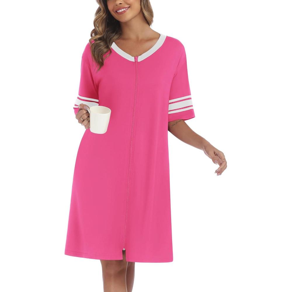 imageEkouaer Zip Up Robe for Women Color Block Lightweight Summer Bathrobes Zip Front Robes Loose Sleepwear Hot Pink L