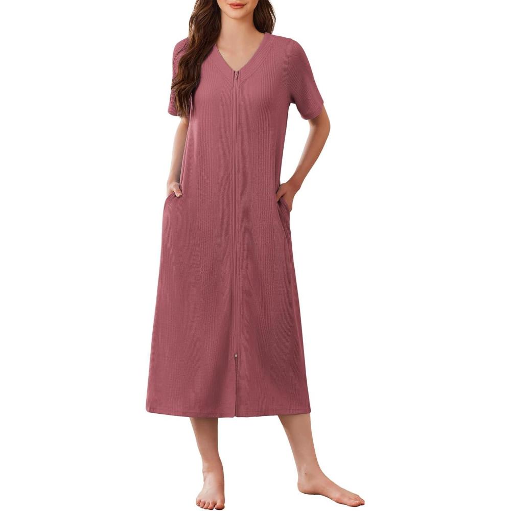imageEkouaer Zip Up Robe for Women Long Housecoat Waffle Knit Bathrobes Cozy Full Length Nightgown with Pockets S4XLGray Purple