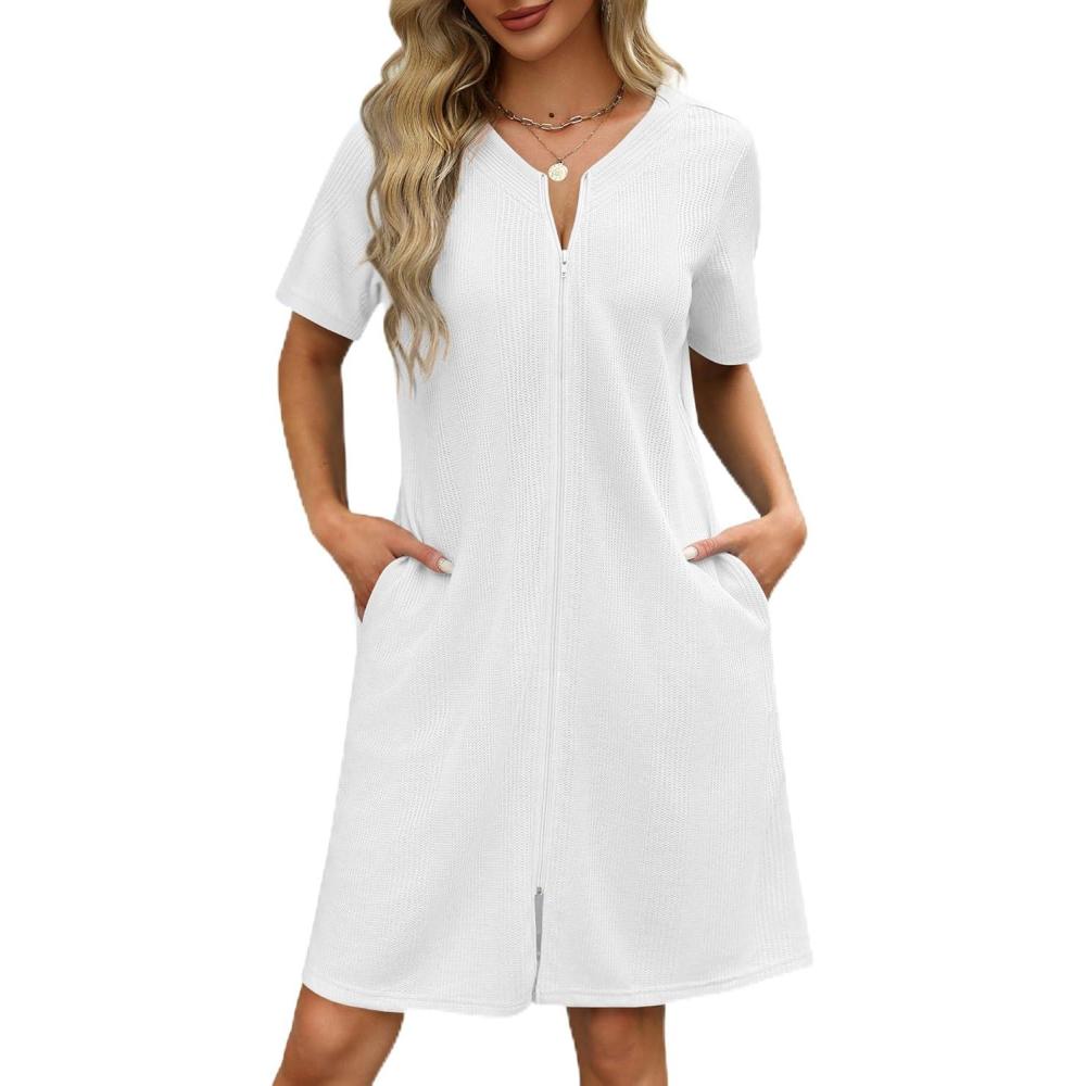 imageEkouaer Zipper Robe for Women Waffle Knit Short Bathrobe Lightweight House Coat with Pockets