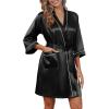 Ekouaer Silky Robes for Women Satin Knee Length Bride Bridesmaid Wedding Party 3/4 Sleeve Bathrobe Lightweight Sexy Sleepwear with Pockets Black M