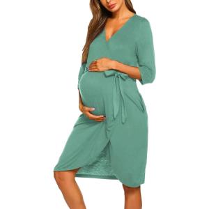 Ekouaer Maternity Robe Nursing Robes for Hospital Labor Delivery V Neck Pregnancy Bathrobe Womens Postpartum Nightgown(Gray Green)