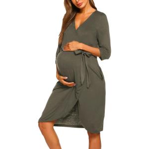 Ekouaer Maternity Robe Nursing Robes for Hospital Labor Delivery V Neck Pregnancy Bathrobe Womens Postpartum Nightgown(Olive Green)