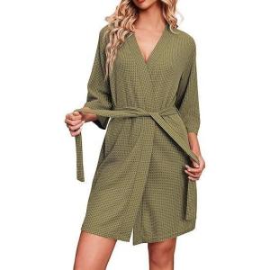 Ekouaer Robes for Women Waffle Knit Bathrobe Soft Lightweight Knee Length Loungewear(Army Green)