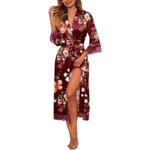Ekouaer Satin Robes for Women Lace Trim Silk Robe 3/4 Sleeve Kimono Bathrobe Bride Bridesmaid Wedding Party Sleepwear S-XXL(Red Floral)