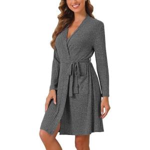 Ekouaer Women Robe Ribbed Knit Soft Bathrobe Knee Length Robes Stretchy Short Sleepwear with Pockets(Black)