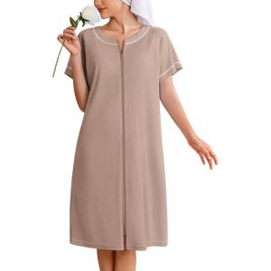 Ekouaer Women Zipper Robe Short Waffle Knit Bathrobe Lightweight Housecoat Soft Knee Length Loungewear with Pockets Khaki,XXL
