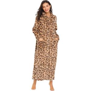 Ekouaer Women’s Flannel Robe Zipper Front Robes Full Length Bathrobe(S-XXL)(Leopard)