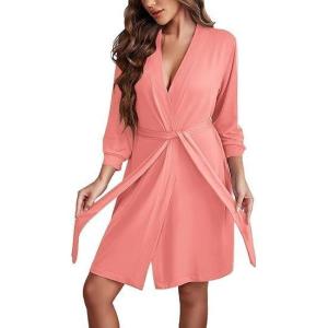 Ekouaer Women’s Robe Lightweight 3/4 Sleeve Knit Bathrobe Soft Knee Length Sleepwear Robes with Pockets(Orange Pink)