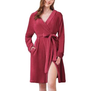 Ekouaer Women’s Robes Short Plush Bathrobe Knee Length Warm Soft Jacquard Robe Winter House Coat with Pockets S-XXL(Wine Red)