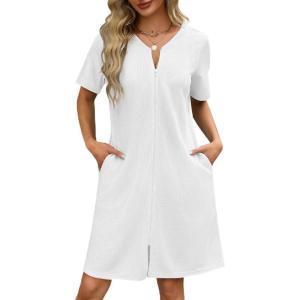 Ekouaer Zipper Robe for Women Waffle Knit Short Bathrobe Lightweight House Coat with Pockets